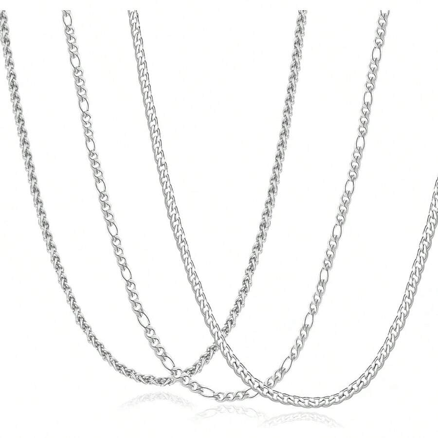 Men's Stainless Steel Silver Chain Necklace Sets ,Non Tarnish Cuban Link Jewelry Gifts - 銀色 - 查看 1