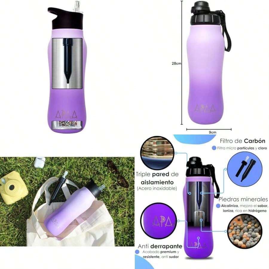 APAA Purify Ergonómica - La Única Botella que Purifica, Filtra y Alcaliniza el Agua. 710ml. Mantiene temperatura por 24 horas(morado) - Tipo 2 - Ver 1