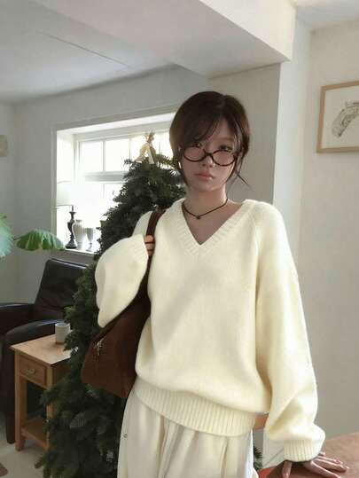 Loose Fit V-Neck Solid Color Casual Pullover Sweater, Korean Style