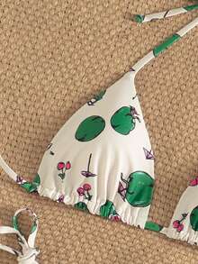 Women's Sexy Backless Tie-Up Sides Bikini Set With Coconut Print, Bohemian Style - White - View 2