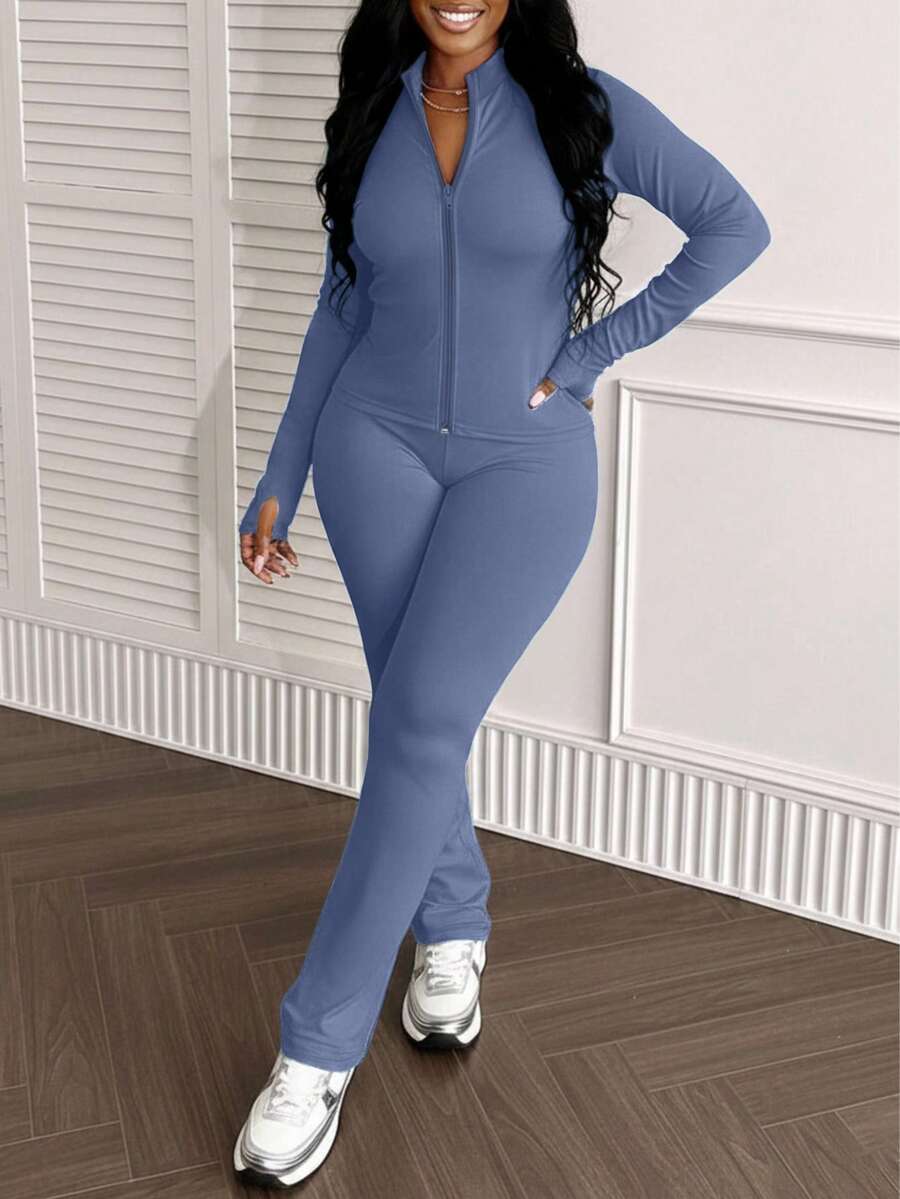 Bộ đồ nữ 2 món, áo kiểu dáng ôm sát thời trang màu trơn kèm áo khoác có khóa kéo và quần, chất liệu polyester nhẹ, phù hợp cho tập thể dục & yoga, mùa xuân/thu. - Màu xanh bụi bặm - Xem 1