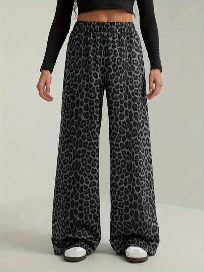 女士豹纹宽松喇叭裤，高腰休闲裤，动物数码印花，四季皆宜，百搭舒适