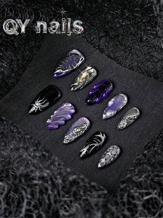 10 件手工制作的杏仁形全覆盖指甲片，中长，紫色，别致款式，适合女士和女孩，适合送礼，包含 1 件果冻垫和 1 件指甲锉按压式指甲美甲用品