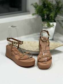 Comfort Sandal Platform Wedge Flat Papete ABS Detail 2 Straps Bohemian Y2K PU Leather Chain Office Party Wedding Home - 裸體 - 查看 2