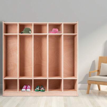 Coat Locker, 5-Section Daycare Cubby Coat Rack 48*13*48 Inch, Classroom Coat Locker And Backpack Hanger, With 5 Hooks And Storage Boxes, For Kindergarten & School, Natural