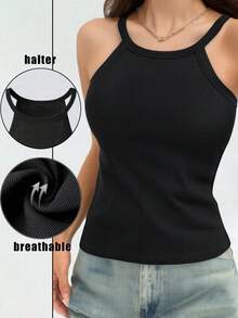 1 Peça Regata Ajustada Feminina de Cor Sólida BASICS, Parte Superior de Malha Canelada Casual - Preto - Visão 1