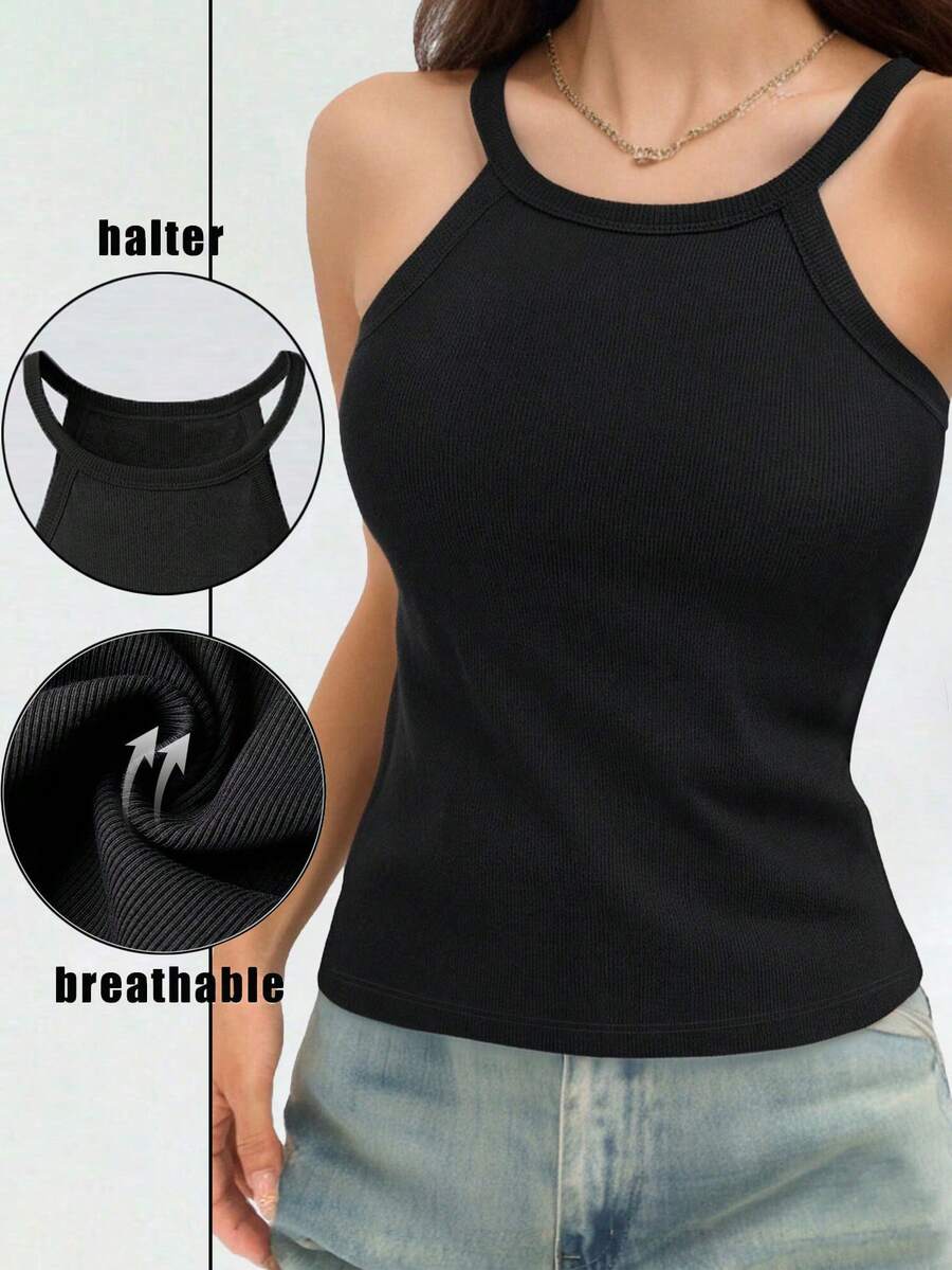 1 Peça Regata Ajustada Feminina de Cor Sólida BASICS, Parte Superior de Malha Canelada Casual - Preto - Visão 1