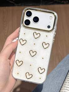 闪光 3D 镂空金属心形蝴蝶结手机壳适用于 17 Pro Max 16 15 14 13 12 Pro Max Plus 11 女款可爱滴胶透明防震保护套 - 金色愛心 - 查看 3