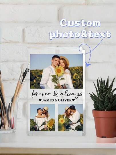 1 pieza Soporte de foto de acrílico personalizado - Sube tu foto y texto, pantalla sin marco cristalina, se puede colocar en el escritorio/pared, ideal para Navidad, cumpleaños, boda, aniversario, recuerdo familiar