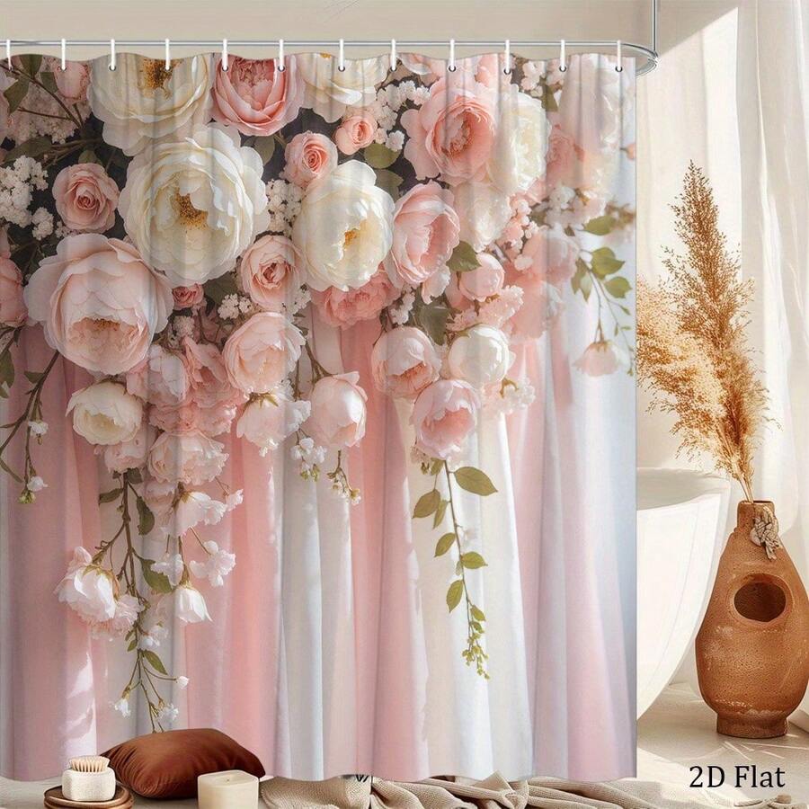 2D Flat Print Elegant Floral Pattern Artificial Gemstone Shower Curtain Decorated With Soft Pink And White Roses, Peonies, And Draped Fabric Suitable For Wedding Home Decoration Bathtub Curtain Includes Size 70.8x 70.8inch 2D Flat Style - 彩色 - 查看 1