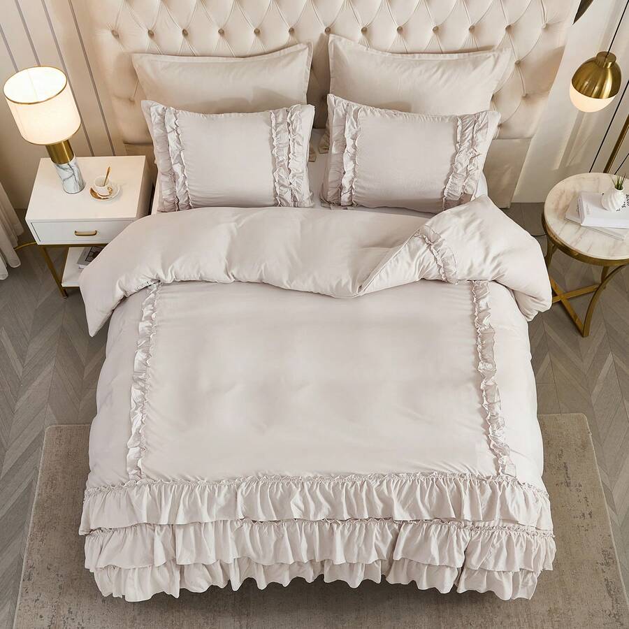 Beige Comforter Set Queen/King Size,Waterfall Ruffle Shabby Chic Farmhouse Bedding Sets,Soft Fluffy Boho Comforters Sets For All Season,200g Microfiber Filling Vintage Ruffled 3 PCS Quilt Set For Women Girls Room Decor - 米灰色 - 查看 1