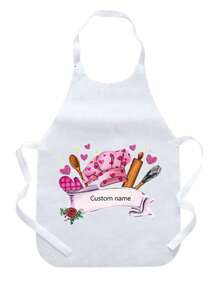Personalized Custom Unisex Polyester Apron ,Customized Name Disposable Apron ,Custom Text Personalized Apron ,Custom Apron With Text ,Pink Chef Theme With Kitchen Utensils, Hearts & Stars Print, Durable Polyester Sleeveless Neck Strap