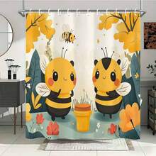 1Pc 71"W X71"L (180 X 180cm) Cute Cartoon Bees With Honey Pot Shower Curtain, Bees, Honey Pot, Flowers, Leaves, Ing Style Bathroom Decor, Polyester Fabric Curtain For Bathroom, Machine Washable, Easy Hang, Suitable For Nature And Animal Lovers, Homes, Hotels, Bringing A Lively Garden Vibe To Bathroom - 金色 - 查看 2