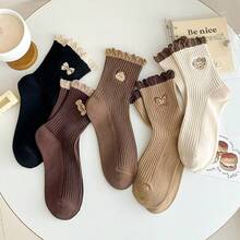 5 双蝴蝶蕾丝边中筒袜，适合女士，百搭，春秋 - 彩色 - 查看 6