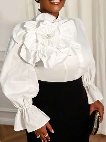 大码女式长款喇叭袖纽扣衬衫，饰有3D立体花卉图案，优雅大方，适合工作、办公室、教堂及其他场合穿着。