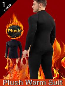 1 pieza Ropa interior térmica para hombre, forrada de térmico, gruesa, unicolor de cuello redondo de manga larga, adecuada para clima frío, actividades al aire libre, esquí, invierno - Negro - Ver 4