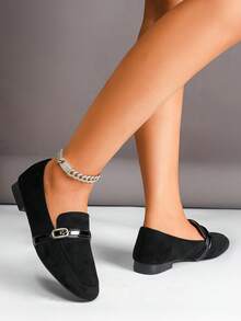 Women's Fashion Metal Buckle Round Toe Low Heel Flats - Black - View 5