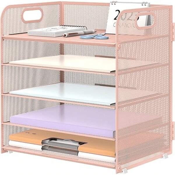 5 Trays Paper Organizer Letter Tray With Handle-Mesh Desk File Organizer, Paper Sorter Desk Organizer For Office, Home