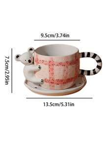1 Set 350ml 3D Animal Plaid Ceramic Cup & Saucer, Cute Red & White Plaid Animal Pattern Ceramic Cup & Saucer, Cup Body With 3D Animal Decorative Details, Suitable For Coffee And Beverages, Ideal For Children's Room And Gifts For Friends