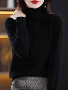 女士高领长袖毛衣，保暖柔软针织套头衫，适合秋冬季休闲穿着，黑色 - 黑色 - 查看 3