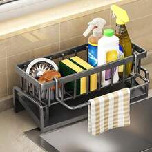 1pc Dish Cloth & Sponge Holder, Multifunctional Storage Rack With Drip Tray, Black Kitchen Sink Caddy Organizer, Rust-Resistant Drainage Stand, For Sponges, Brushes, Soap Dispenser, Home Organizers And Storage - Multicolor - View 3