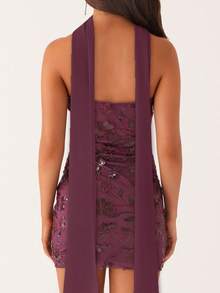 Women Summer Mini Bandeau Dress Sleeveless Off Shoulder Flower Embroidery Tube Top Dress With Scarf - 中紫紅色 - 查看 2