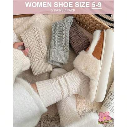 5 Pairs Autumn/Winter Japanese Style Solid Color Embossed Cable Knit Thick Warm Over-The-Knee Socks