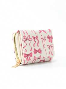 1Pc Kids Mini Wallet With Pink Ribbon Bow Design, PU Leather Trifold Wallet For Girls With Zipper Coin Pouch And Card Slots, Portable And Stylish Small Purse For Daily Outings Or Gifts