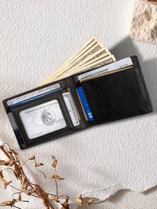 1个男士碳纤维便携钱包，多卡位卡包，RFID防盗刷毛双折卡包，适合青少年夏季休闲户外运动、度假旅行、毕业礼物或生日配饰 - 黑色 - 查看 2