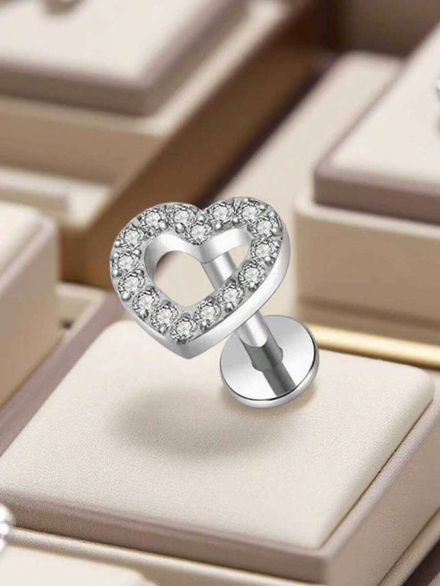 1pc Stainless Steel Heart Shaped Earring, Nose Stud, Lip Stud, Body Piercing Jewelry - Silver - View 1