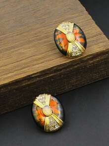 1 Pair Vintage Jewelry French Romantic Elegant Earrings, Retro Versatile Enamel Gradient Color High-End Inlaid Glass Stud Earrings - Multicolor - View 3