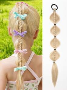 Synthetic Braided Ponytails Hair Extensions For Kids With Elastic Hair Band Hairpieces Natural Black/ Brown Fake Hair1pcs
