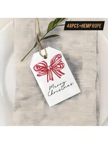 48pcs Christmas Elegant Watercolor Bow Christmas Gift Tags – Red/White Striped, Blank Cursive-Friendly Paper, With Hemp Rope | For Holiday Gift Wrapping, Gift Exchanges, Party Decor & Christmas Card Crafts - Multicolor - View 5