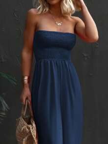 Womens Strapless Smocked Wide Leg Jumpsuit Sleeveless Casual Summer Chiffon Romper With Pockets - Màu xanh hải quân - Xem 4