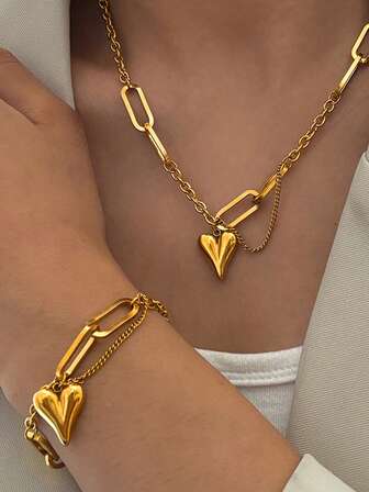 2 件不锈钢时尚小爱心吊坠项链手链套装带圆形十字链缝线方形十字链适合女士日常佩戴礼物首饰