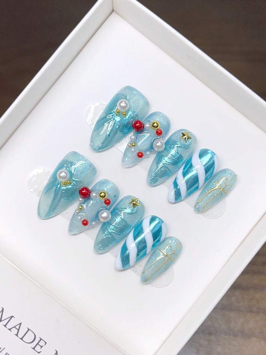 10 Pieces Of Pure Hand-Painted Wearable Nails With Almond Nail Shape, High-Quality Temperament Simple Design Nails, Full Coverage Fake Nails, Press On Nail