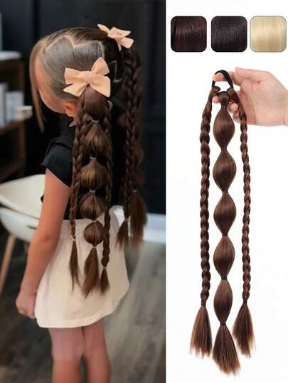 1pc Synthetic Children's Ponytail Long Straight Hair Natural Bubble Braid Plait Ponytail Wig With Rubber Band Natural Fashion