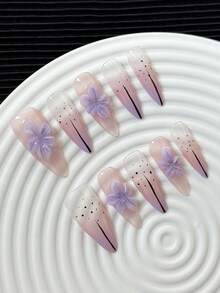 Uñas de stiletto estilo francés hechas a mano, uñas postizas. Puntas de uñas multicolor con degradado de ojo de gato, diseños florales tallados a mano, patrones 3D, uñas postizas de cobertura completa con brillo DIY, 10 piezas por paquete