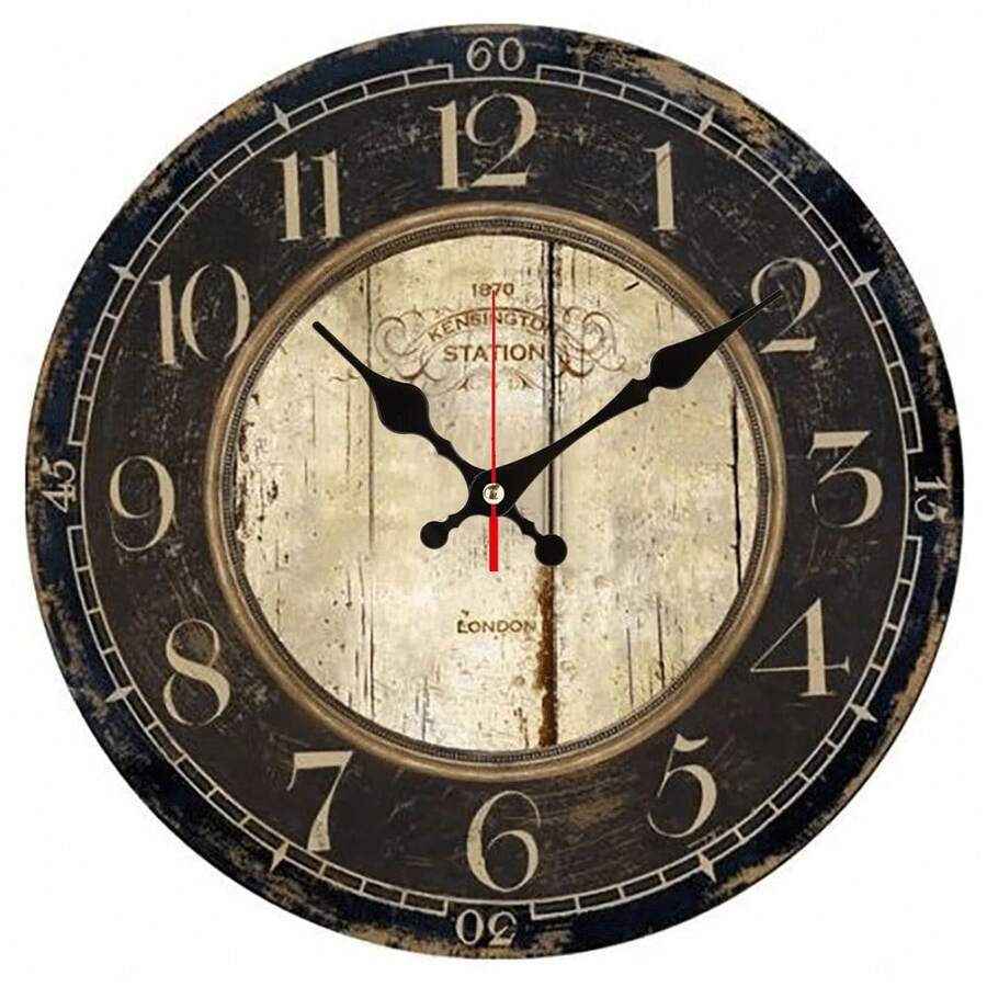 1 Piece Retro Silent Wall Clock - 10x10inch Large Dial, Black Arabic Numerals, Battery Operated (AA Batteries Not Included) - Country Style Decoration, Suitable Living Room, Kitchen, Office - Home, Easter, Mother's Day, Father's Day - Durable Artificial Wood Structure, Classic Roman Numerals, Textured Craftsmanship, High-Quality Processing, 2D Flat Design - 黑色 - 查看 1