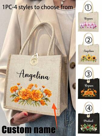 Bolso de tela con estampado floral personalizable con nombre - 4 estilos de impresión a elegir Bolso de yute/lino negro con detalle de botón, bolso de uso diario y de compras personalizado ideal para amantes de los nombres personalizados, regaladores y entusiastas de la moda, accesorio de moda personalizado, el mejor regalo para madres, amigos, familia, damas, damas de honor, aniversarios, Navidad, Halloween, San Valentín y regalos de Año Nuevo