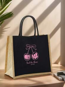 1/2pcs Ladies' Cherry Printed Handbag - Large Capacity Durable Linen Shoulder Backpack With Fixed Belt Design, Suitable For Shopping, Travel,Daily Use, Sturdy Structure,Durable Fabric, Printed, Machine Washable, Suitable For Work, School, Shopping, Birthdays, And Holiday Gifts, Women's Fashionable Handbag,Linen Tote Bag, Lightweight And Multifunctional, Suitable For Work, School Or Daily Use