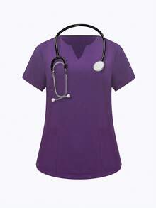 cimmuovere Plus Size Women's Round Neck Cutout Short Sleeve Double Pocket Solid Color Scrubs Nurse Scrubs Workwear Dentist Healthcare Pet Hospital Laboratory Top - Purple - View 3