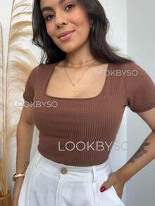 Women's Ribbed Square Neck Short Sleeve Blouse Casual Everyday Top - Chocolate Brown - View 2