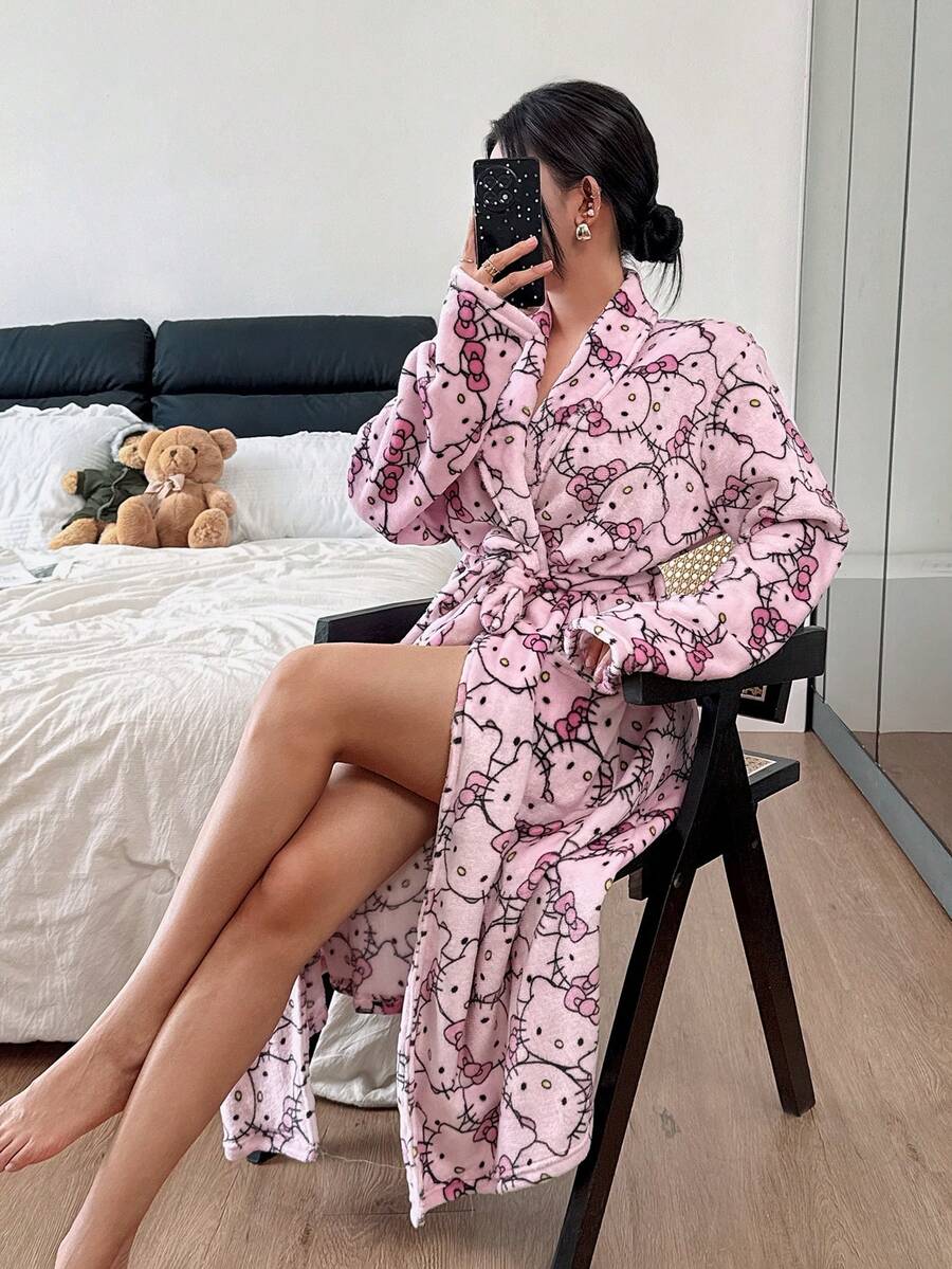 三丽鸥数码印花加厚浴袍，女士绒面睡衣 - 粉色 - 查看 1