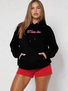 Women's Hoodie, Fleece-Lined Warm Pullover With Pocket, Loose Fit For Fall & Winter - Soft Everyday Outerwear, Bow & Cherry Print, Cute Casual Fall Outfit, Tops For Women,  Outfits - 黑色 - 查看 2