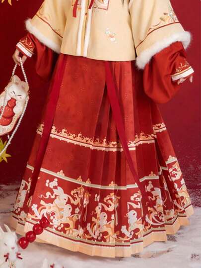 女童中国风刺绣动物印花牛仔裙 - 儿童休闲 A 字形涤纶束腰外衣 - 无弹力面料，编织，适合秋冬 - 100% 涤纶复古风格汉服半裙