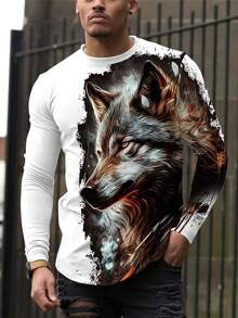 舒适鲜艳狼纹全印花圆领短袖衬衫 - 男士时尚图案印花，适合日常休闲户外活动和居家活动 - 彩色 - 查看 2