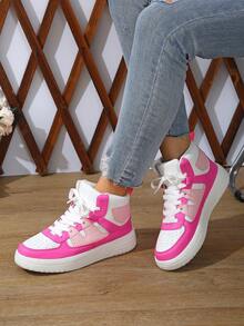 BAOLIANGXIONG Pink Color Casual Student Sneakers, Sport Shoes ,Women's Casual Sports Shoes, Fashionable Sneakers With Thick Soles, Low-Cut Lace-Up White Pink Shoes, Outdoor Shoes - 白玫紅粉高幫 - 查看 6