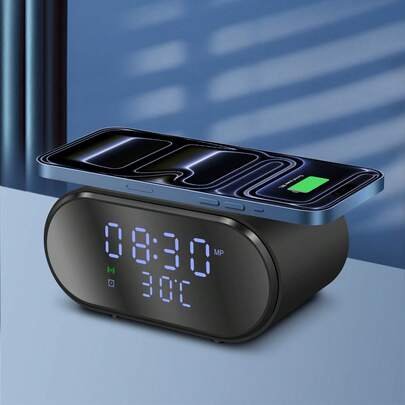 محطة شحن لاسلكي متعدد الوظائف، شاشة عرض الوقت والحرارة، ساعة منبه على الطاولة، حامل متوافق مع هواتف 17 16 15 14 13 12 Pro Max Plus Mini وأجهزة S25 S24 S23 S22، شاحن لاسلكي سريع محمول للاستخدام في غرفة النوم والمكتب والطاولة