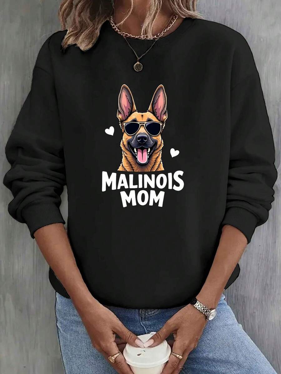 Suéter de Cuello Redondo con Estampado Gráfico de Malinois para Mamá - Ajuste Relajado y Diseño Casual con Gafas de Corazón, Lavable a Máquina, Ropa Cómoda para Amantes de Perros, Ideal para Otoño y Primavera - Oscuro - Ver 1